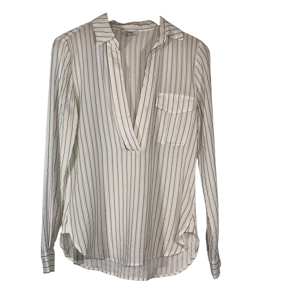 Ganni Wilkie Seersucker Blouse Women’s Size 34 Ivory Black Stripe Silk Blend‎